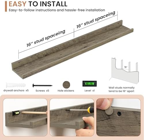 Dreamland Picture Ledge Shelf for Wall, Floating Shelves Set of 2,36 inch Long Floating Shelves with Lip for Living Room,Bedroom,Bathroom,Kitchen,Grey
