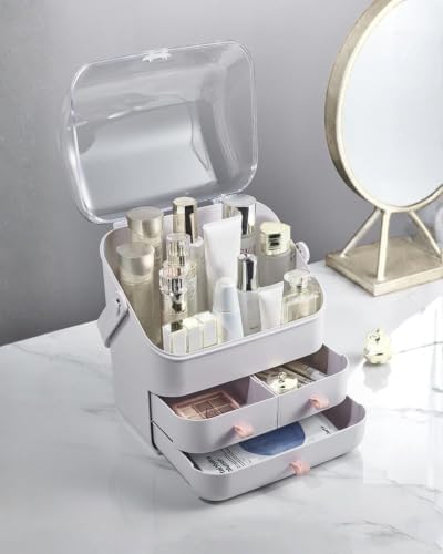 LINFIDITE Cosmetic Storage Box with Lid Makeup Organizer Box with Dust Free Cover Portable Handle,Large Makeup Display C