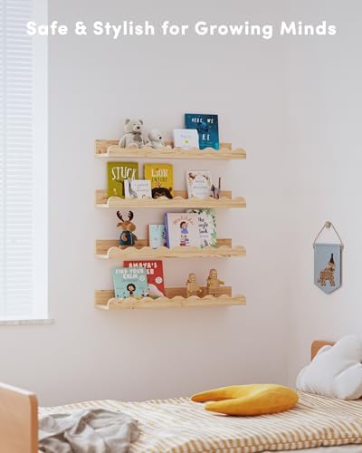 Seocry Kids' Bookshelf Set of 4 - Wood Floating Nursery Book Shelves, Picture Ledge Shelf for Wall Decor and Storage - Perfect for Books, Toys, Photo Frames, and Nursery Décor