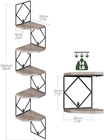 CHOEZON 5-Tier Corner Shelf, Floating Shelf, Wall-Mounted Storage Shelf, Wall Decor, Narrow Corner Bookshelf, for Living
