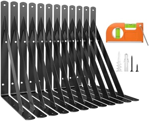 12 Pack 8 Inch Heavy Duty Shelf Bracket, Wall Shelf L Brackets for Floating Shelves, 250 LBS Max Load, Mounting Hardware