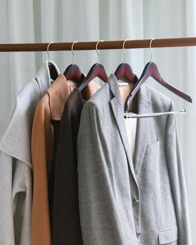 Wooden Suit Hangers 10 Pack, Premium Solid Wood Coat Hangers with Locking Pants Bar, 360° Swivel Hooks and Shoulder Notches, Dark Walnut Wood Hangers for Closet, Suits, Coats, Jackets