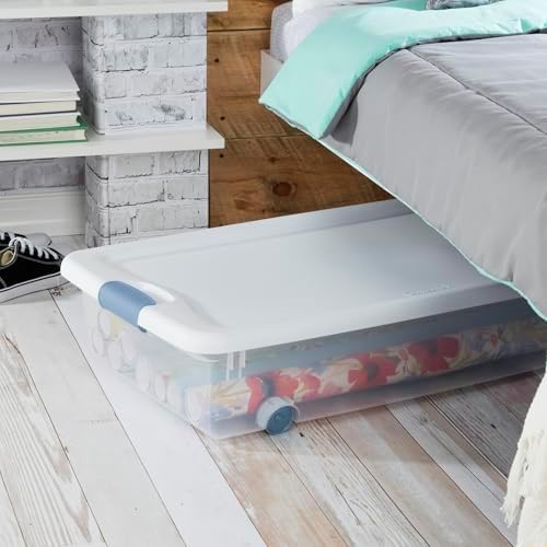 Sterilite 8-Pack Wheeled Latching Box, Plastic Under Bed Storage Bins with Lids, 56 Quart - Large Clear Stackable Tote O