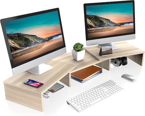 FITUEYES Dual Monitor Stand Riser, Adjustable Length and Angle, Oak