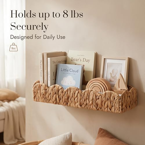 4 Pack Nursery Book Shelves, Scalloped Water Hyacinth Book Shelf for Kids Rooms, Handwoven Floating Book Shelves for Wall, 15.8” Wicker Hanging Bookshelf for Books, Toys, Photo Frames, Nursery decor