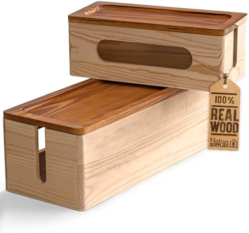 NATURE SUPPLIES Set of Two Natural Wood Cable Management Box, Large and Medium Cord Organizer to Hide Wires and Power St