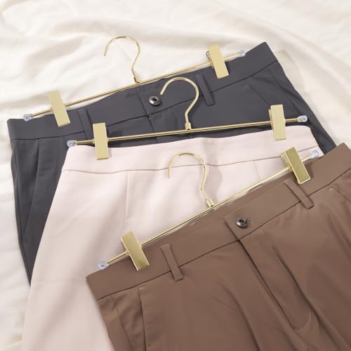 9 Pack Pants Hangers with Clips, 12.2 Inch Slim Metal Clothes Hangers with 360° Swivel Hooks, Heavy Duty Space Saving Closet Hangers for Jeans, Slacks, Shorts (Gold)
