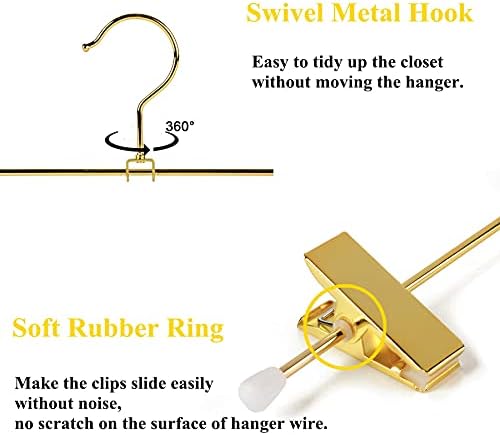Amber Home 10 Pack Shiny Gold Metal Pants Skirts Hangers with Clips 12"