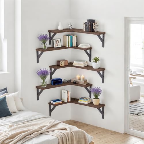 5 Pack Floating Shelves, Rustic Wood, Dark Brown