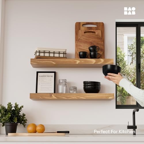 Natural Wood Floating Shelves for Wall 24 inch Oak, Wooden Bathroom Shelf