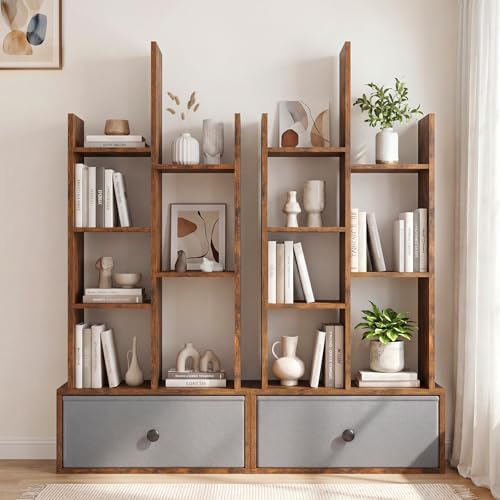 Tangkula 7-Tier Narrow Bookshelf with Fabric Drawer, Staggered Geometric Bookcase for Small Spaces, Industrial Wooden St
