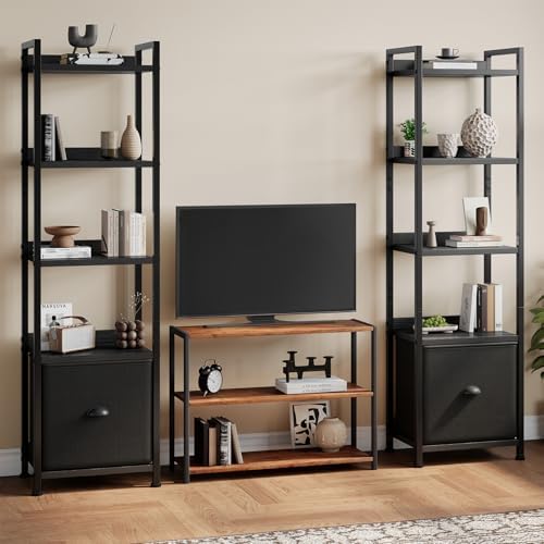 DUMOS 5 Tier Bookshelf with Fabric Drawer, Display Standing Shelf, Black