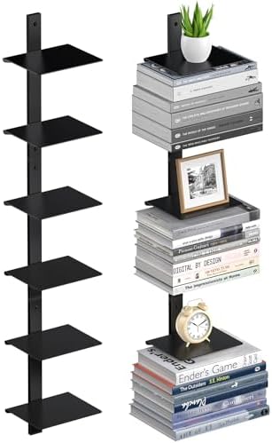 Floating Book Shelves for Wall, 6 Tier Invisible Floating Bookshelf, Vertical Spine Book Tower, Wall Mounted & Space Sav