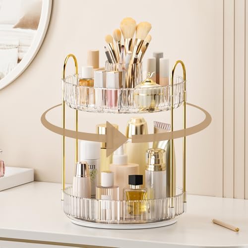 360° Rotating Makeup Organizer, Upgraded 2 Tier Skincare Perfume Organizers for Women, Bathroom Organizer Countertop, Cl