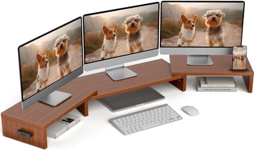 BONTEC Triple Monitor Stand Riser with Smartphone Holder, Walnut