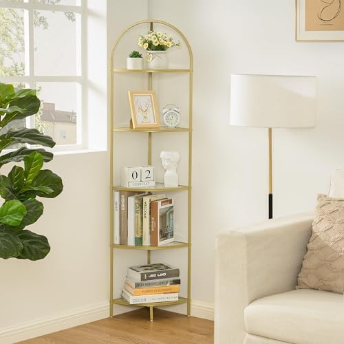 Homhedy 5-Tier Gold Corner Shelf Stand, Metal Corner Bookshelf