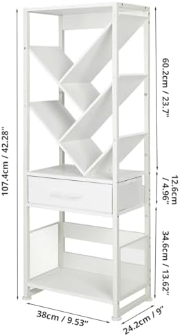 Bookshelf with Drawer,8 Tier Tree Bookcase Retro Floor Standing Bookshelves,Tall Wood Bookcases with Cabinet Storage Org