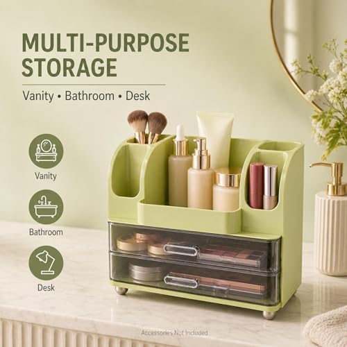 ROOM127 Makeup Organizer for Vanity with 2 Clear Drawers and Brush Holders