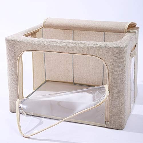 CYhom 3Pack Foldable Storage Bins - Frame Storage Box Linen Fabric Stackable Clothes Container Organizer with Clear Wind