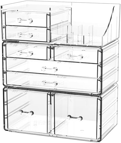 Cq acrylic 3 Pack Clear Makeup Organizer Countertop,Stackable 8 Drawers Skin Care Organizer,Cute Make Up Organizers for 