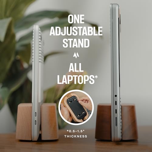 COREMINDED Adjustable Vertical Laptop Stand for Desk, Wooden Laptop Holder, MacBook Pro Stand, Wood Mac Air Dock (Solid 