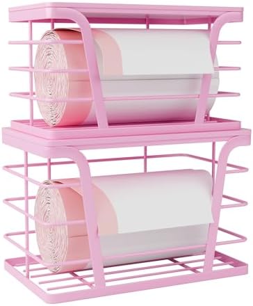 TIDIIABODE 2 Pack Pink Trash Bag Holder - Stackable Garbage Bag Dispenser with Bamboo Top, Kitchen Accessories & Decor, 
