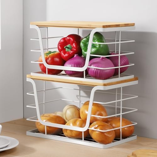 ALOCEO 2 Pack Potato and Onion Storage Bins, Large Trash Bag Holder Under Sink with Bamboo Top, Stainless Steel Pantry O