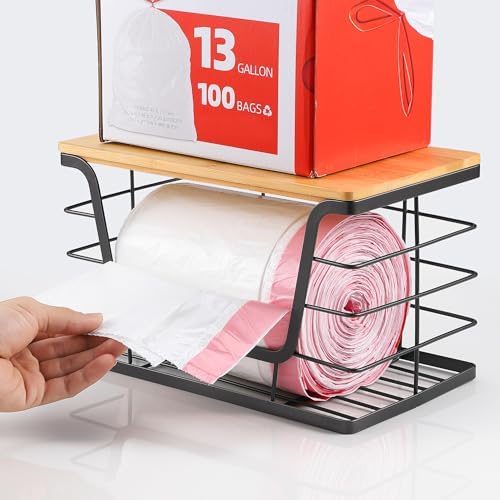ALOCEO Extra Large Trash Bag Holder Dispenser With Bamboo Top, Wall Mounted Garbage Bag Dispenser Roll Holder for Kitche