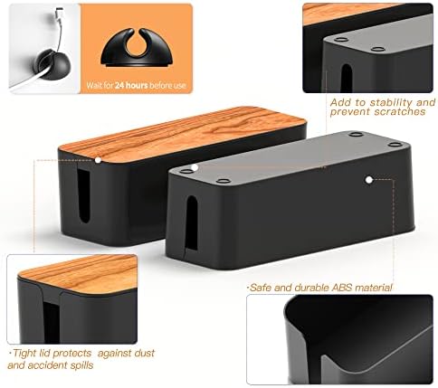 Cable Management Box 2 Pack with 16 Cable Clips Set-Large & Medium & Small Wooden Style Cable Organizer Box to Hide Wire