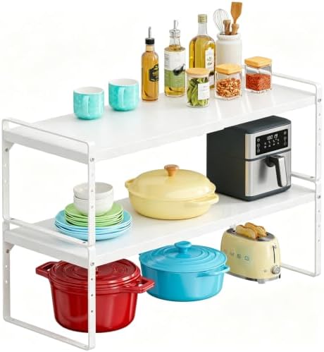Expandable Kitchen Cabinet Shelf Organizer, Stackable Metal Storage Shelves
