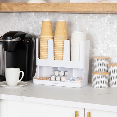 Mind Reader Cup and Condiment Station, 13 Inch Countertop Coffee Bar Organizer with 6 Compartments, Storage Caddy for Cu