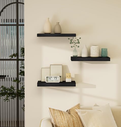 Vervida® Black Rustic Floating Wall Shelves 15in Set of 3 Hidden