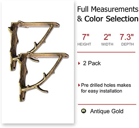 NACH Decorative Shelf Brackets, 2 Pack of 7 x 2 x 7.3 inch, Gold Finish Cast Iron Rustic Shelf Brackets - Metal Shelf Br