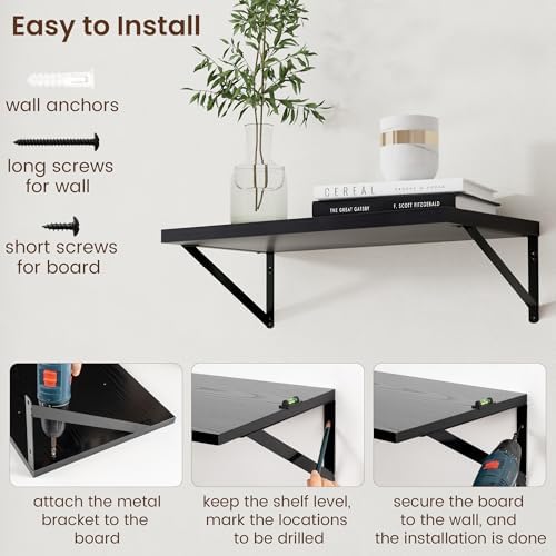 Axeman Deep Floating Shelves Black- 24 Inch Wide x 12 Inch Deep Wall Shelves Set of 2 - Black Wood Wall Shelves for Livi