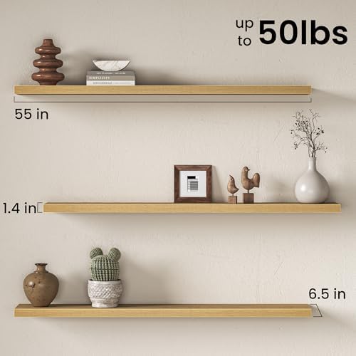 55 Inch Floating Shelves for Wall, Rustic Wood Wall Mounted Deep Storage Shelves with Invisible Brackets, Extra Long Dec
