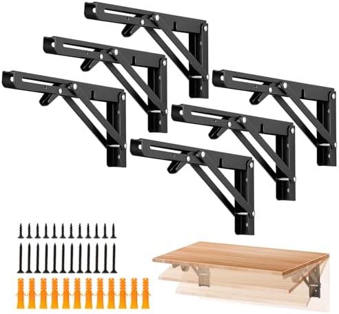 Ravinte Matte Black Folding Shelf Brackets, 10 Inch, 6 Pack