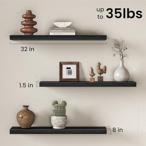 32" Floating Shelves for Wall, Set of 3, 8" Deep, 1.5" Thick, Black