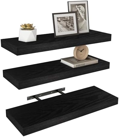 Vervida® Black Floating Wall Shelves 24in Deep Set of 3 Holds 37lbs