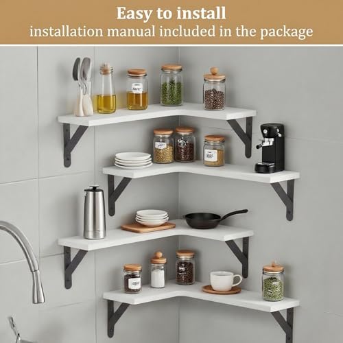 Set of 5 Corner Floating Shelves, Rustic Wood Shelves, White