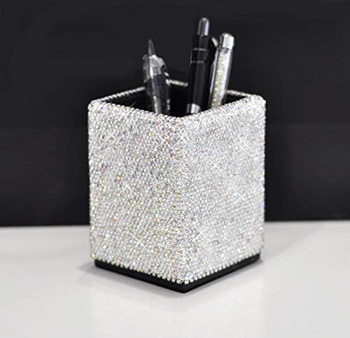 Crystal Bling Rhinestone Pen Holder, Silver, Square
