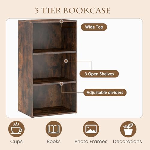 POWERSTONE 3 Tier Bookcase Set of 2, Small Open Bookshelf, Wooden Storage Book Shelf with Adjustable Panels for Living R