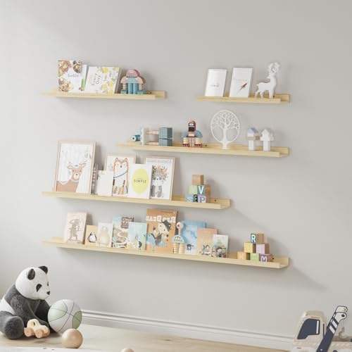 SAUMONIERES Picture Ledge Shelf Floating Book Shelves Set of 2 Wall Mounted Solid Wood for Bedroom Bathroom Living Room 