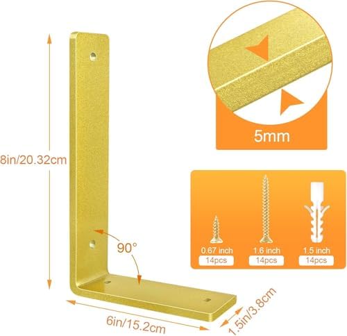 Gold Floating Shelf Bracket 8 Inch, 6 Pack Heavy Duty Shelf Brackets, Wall Shelf Bracket Gold for DIY Decorative with Mo