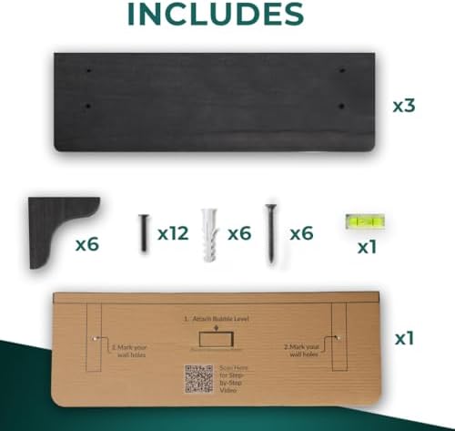 Real Wood Black Shelves for Wall - 17 inch (3 Pack) - Easy to Install, Template and Video Included - Black Wall Shelf, M