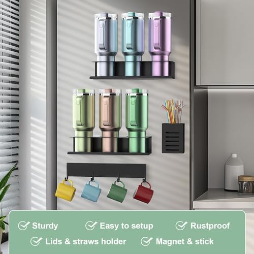 POLRAI 4 Pack Magnetic Cup Holder for Refrigerator, Water Bottle Organizer for Stanley and Tumbler, Accessory with Lid H