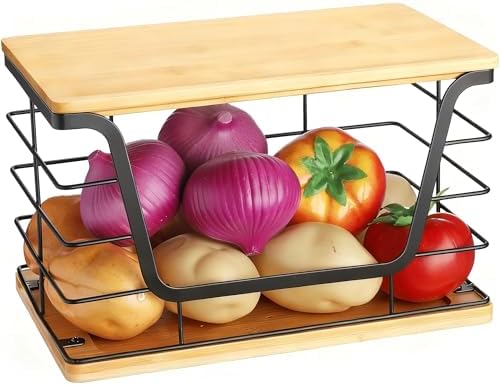 ALOCEO Large Wire Basket for Kitchen Pantry, Stainless Steel Kitchen Counter Organizer for Potato Onion, Trash Bag Dispe