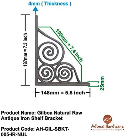 Adonai Hardware "Gilboa Natural Raw Antique Iron Shelf Bracket (Supplied as 2 Pieces per Pack) - Natural Unlacquered