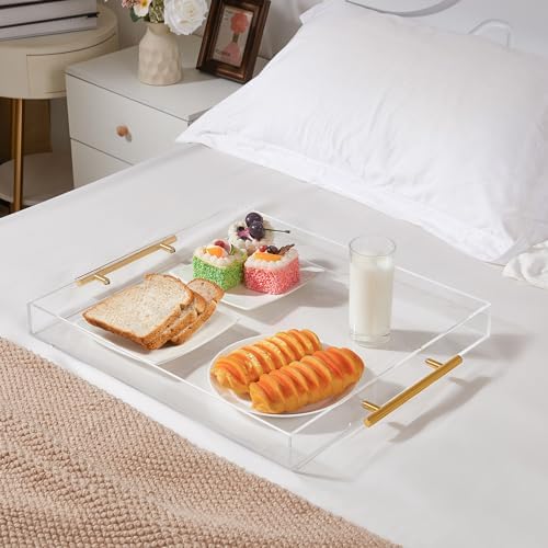 Large Clear Acrylic Serving Tray (16×18 Inches) with Gold Handles Spill Proof Acrylic Decorative Tray Organiser for Otto