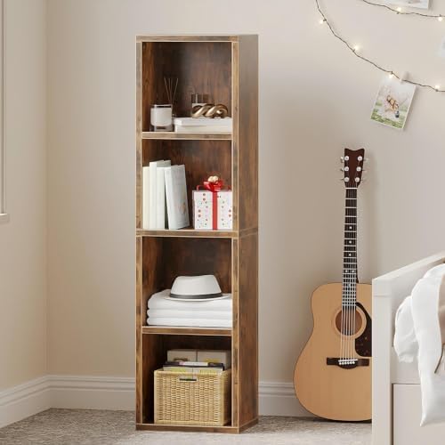 ALISENED 4 Cube Small Bookshelf, Narrow Storage Organizer Shelf, Wooden Corner Bookcase, Modern Thin Cubes Storage Organ