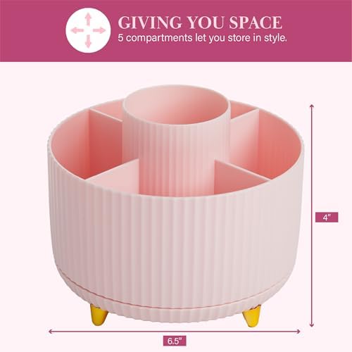 Paris Hilton 360° Rotating Makeup Brush Holder, Fluted Design with 5 Compartments, Glam Organizer for Brushes & Tools, P